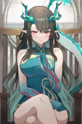 Rule 34 | absurdres, arknights, black hair, blush, chair, chinese clothes, chinese commentary, colored skin, commentary request, crossed legs, dragon girl, dragon horns, dragon tail, dress, dusk (arknights), earrings, feet out of frame, gradient hair, gradient skin, green dress, green hair, hand up, highres, horns, indoors, jewelry, knee up, light frown, long hair, looking at viewer, mango (mgo), multicolored hair, pointy ears, red eyes, short dress, sidelocks, sitting, sleeveless, sleeveless dress, tail, tassel, tassel earrings, wall
