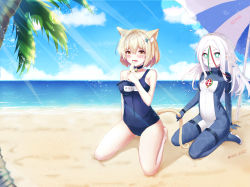 Rule 34 | 2girls, absurdres, animal ear fluff, animal ears, bare legs, bare shoulders, beach, blue one-piece swimsuit, blush, bodysuit, breasts, cat ears, commentary request, dahe zhuang (yishi fanhua), hair between eyes, highres, large breasts, leonardo da vinci (warship girls r), long hair, looking at viewer, multiple girls, one-piece swimsuit, outdoors, pale skin, palm tree, red ribbon, ribbon, school swimsuit, short hair, small breasts, souryuu (warship girls r), swimsuit, tree, umbrella, warship girls r, water, white hair, yellow eyes