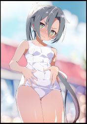 Rule 34 | 1girl, amagiri (kancolle), black border, blurry, blurry background, blush, border, breasts, caburi, clenched teeth, day, glasses, green eyes, grey hair, hair between eyes, hands on stomach, highres, kantai collection, long hair, one-piece swimsuit, outdoors, ponytail, revision, school swimsuit, sky, small breasts, solo, sweat, swimsuit, teeth, very long hair, white one-piece swimsuit