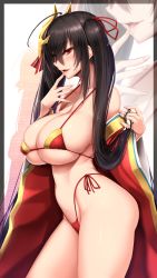 Rule 34 | 1girl, ahoge, akitsuki karasu, azur lane, bare shoulders, bikini, bikini under clothes, black hair, blush, breasts, cleavage, collarbone, commentary request, crossed bangs, eyes visible through hair, finger to mouth, fingernails, from side, hair between eyes, highleg, highleg bikini, highres, huge breasts, japanese clothes, kimono, long hair, long sleeves, looking at viewer, looking to the side, mask, mask on head, micro bikini, navel, open mouth, red bikini, red eyes, red kimono, red ribbon, ribbon, side-tie bikini bottom, solo, standing, string bikini, striped ribbon, swimsuit, taihou (azur lane), thighs, thong bikini, twintails, undressing, very long hair, wide sleeves, zoom layer