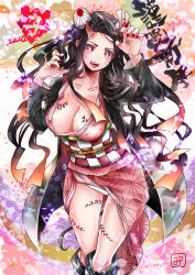 Rule 34 | 1girl, 2020, absurdres, asa no ha (pattern), b9-n3, black hair, body markings, breasts, checkered sash, chinese zodiac, claw pose, cleavage, collarbone, cowboy shot, facial mark, fangs, fingernails, floral background, floral print, gluteal fold, hand fan, haori, happy new year, highres, horns, japanese clothes, kamado nezuko, kimetsu no yaiba, kimono, large breasts, long hair, long sleeves, looking at viewer, mouse tail, multicolored hair, nail polish, new year, nipple slip, nipples, obi, open mouth, orange hair, palms, paper fan, pink eyes, pink kimono, red nails, sash, sharp fingernails, signature, single horn, solo, spoilers, tail, teeth, thighs, two-tone hair, uchiwa, whisker markings, year of the rat