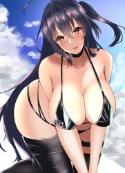 Rule 34 | 1girl, absurdres, azur lane, bare arms, bare shoulders, bikini, black bikini, black choker, black hair, black thighhighs, blue sky, breasts, choker, cloud, commentary request, core1013, highres, large breasts, long hair, looking at viewer, multi-strapped bikini bottom, official alternate costume, race queen, red eyes, sky, solo, swimsuit, taihou (azur lane), taihou (enraptured companion) (azur lane), thighhighs