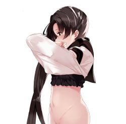 Rule 34 | 10s, 1girl, akiha (attract), ayanami (kancolle), ayanami kai ni (kancolle), bad anatomy, bad id, bad twitter id, black hair, bottomless, eyebrows, from side, kantai collection, long hair, navel, out-of-frame censoring, profile, school uniform, serafuku, side ponytail, simple background, solo, undressing, very long hair, white background, yellow eyes