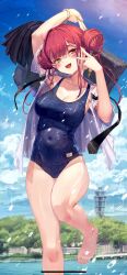 Rule 34 | 1girl, akasaai, bare shoulders, barefoot, black necktie, blue one-piece swimsuit, blush, breasts, cleavage, collarbone, covered navel, double bun, hair bun, heterochromia, highres, hololive, houshou marine, large breasts, long hair, looking at viewer, necktie, old school swimsuit, one-piece swimsuit, open clothes, open mouth, open shirt, red eyes, red hair, school swimsuit, shirt, smile, solo, swimsuit, swimsuit under clothes, thighs, virtual youtuber, wet, wet clothes, white shirt, yellow eyes