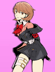 Rule 34 | 1girl, arms behind back, belt, belt buckle, black gloves, black jacket, bow, bowtie, brown eyes, brown hair, buckle, cardigan, choker, collared shirt, commentary, cowboy shot, earrings, evoker, gloves, heart, heart choker, highres, jacket, jewelry, kurimupaizuri, leaning forward, looking at viewer, loose bowtie, official alternate costume, parted lips, persona, persona 3, persona 3 reload, pink background, pink cardigan, red bow, red bowtie, s.e.e.s, shirt, short hair, smile, solo, stud earrings, takeba yukari, thigh strap, white choker, white shirt