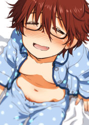 Rule 34 | 1girl, blurry, blush, breasts, brown hair, depth of field, closed eyes, fang, female pubic hair, glasses, open clothes, open shirt, original, pajamas, pubic hair, pubic hair peek, sakaki imasato, short hair, sitting, small breasts, solo