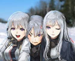 Rule 34 | 3girls, ak-12 (girls&#039; frontline), ak-15 (girls&#039; frontline), anger vein, blurry, blurry background, closed mouth, e.de.n, gas mask, girl sandwich, girls&#039; frontline, laughing wolves, long hair, mask, mask around neck, multiple girls, one eye closed, open mouth, photo background, purple eyes, rpk-16 (girls&#039; frontline), sandwiched, silver hair