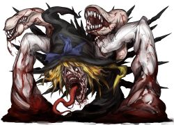 Rule 34 | 1girl, black dress, black eyes, black hat, blonde hair, blood, blood on clothes, blood on face, blue bow, body horror, bow, closed mouth, commentary, cookie (touhou), dress, extra mouth, extra teeth, full body, hat, hat bow, highres, horror (theme), kirisame marisa, long hair, looking to the side, monster, monster girl, open mouth, shitteru?, simple background, sleeves past wrists, solo, tongue, tongue out, touhou, white background, witch hat, yuuhi (cookie)