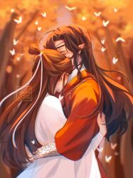 Rule 34 | 2boys, arm wrap, artist name, autumn, autumn leaves, bracer, brown hair, bug, butterfly, chinese clothes, closed eyes, commentary, couple, dated, earrings, english commentary, eyepatch, from behind, glowing butterfly, hair bun, hair ribbon, hanfu, highres, hua cheng, hug, insect, jewelry, layered clothes, long hair, long sleeves, male focus, multiple boys, outdoors, pointy ears, red hanfu, ribbon, samairu, silver necklace, single hair bun, sunlight, tianguan cifu, upper body, watermark, white butterfly, white hanfu, white ribbon, wide sleeves, xie lian, yaoi