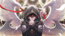 Rule 34 | 1boy, armor, black gloves, blurry, blurry background, brown hair, elbow gloves, feathered wings, feathers, fingerless gloves, gloves, granblue fantasy, hair between eyes, hands up, highres, hood, hood up, looking at hands, looking away, male focus, multiple wings, own hands together, pauldrons, praying, red eyes, red ribbon, ribbon, sandalphon (granblue fantasy), shoulder armor, solo, tekki (tki), upper body, wings
