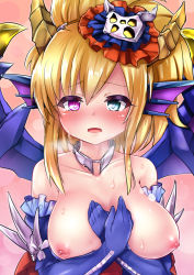 Rule 34 | 1girl, alternate costume, aqua eyes, bad id, bad pixiv id, blonde hair, blue gloves, blue sonia (p&amp;d), blush, breasts, breasts out, collarbone, detached collar, dragon girl, dragon horns, dragon wings, elbow gloves, fins, frilled gloves, frills, gloves, hair ornament, halloween, head fins, heavy breathing, heterochromia, high ponytail, highres, horns, large breasts, looking at viewer, nipples, nose blush, open mouth, purple eyes, puzzle &amp; dragons, samoore, sidelocks, solo, sweat, tears, upper body, wings