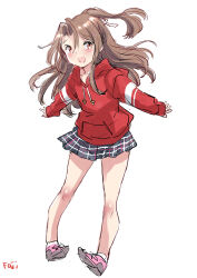 Rule 34 | 1girl, alternate costume, brown eyes, brown hair, commentary request, drawstring, fuji (pixiv24804665), full body, grey footwear, hair intakes, highres, hood, hooded sweater, kantai collection, long hair, plaid, plaid skirt, pleated skirt, red sweater, simple background, skirt, smile, solo, sweater, white background, zuihou (kancolle)