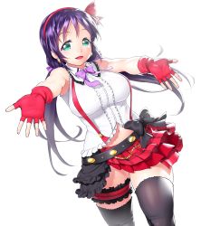 Rule 34 | 10s, 1girl, aqua eyes, black thighhighs, bokura wa ima no naka de, bow, breasts, curvy, earrings, fingerless gloves, gloves, hairband, highres, jewelry, large breasts, long hair, looking at viewer, love live!, love live! school idol project, navel, onsoku inu, outstretched arms, parted lips, purple hair, skirt, solo, thigh strap, thighhighs, tojo nozomi, twintails, white background, wide hips