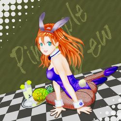 Rule 34 | 1girl, animal ears, ass, barbara (dq6), blue eyes, dragon quest, dragon quest vi, earrings, fake animal ears, female focus, fishnet pantyhose, fishnets, food, fruit, glass, high heels, jewelry, leotard, long hair, pantyhose, pineapple, playboy bunny, plumsyrup, ponytail, rabbit ears, red hair, shoes, solo, tail, wrist cuffs