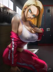 Rule 34 | 1girl, android 18, blonde hair, blue eyes, breasts, dragon ball, dragonball z, elite nappa, highres, huge breasts, large breasts, locker, locker room, see-through, see-through shirt, solo, tank top