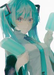 Rule 34 | 1girl, aqua eyes, aqua hair, aqua necktie, closed mouth, commentary request, detached sleeves, food, hair between eyes, hatsune miku, highres, holding, holding food, long hair, mochigome 23, necktie, popsicle, shirt, simple background, sleeveless, sleeves past wrists, smile, solo, twintails, upper body, very long hair, vocaloid, white background, white shirt