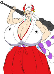 Rule 34 | 1girl, breasts, cleavage, gigantic breasts, momijizx, muscular, muscular female, one piece, over shoulder, tagme, weapon, weapon over shoulder, white hair, yamato (one piece)