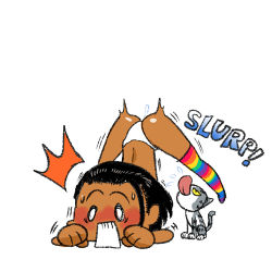 Rule 34 | 1girl, arung samudra (cessa), black hair, blush, cat, cessa, dark-skinned female, dark skin, hands on ground, jack-o&#039; challenge, licking, lowres, meme, multicolored clothes, multicolored legwear, ombok diving and delivery services, open mouth, panties, rainbow order, simple background, solo, spread legs, stretching, striped clothes, striped thighhighs, thighhighs, tongue, tongue out, top-down bottom-up, underwear, white background, white panties, wide spread legs