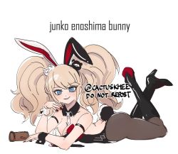 Rule 34 | 1girl, alternate costume, artist name, bear hair ornament, black footwear, black leotard, black pantyhose, blonde hair, blue eyes, boots, bow, breasts, character name, cleavage, danganronpa: trigger happy havoc, danganronpa (series), detached collar, enoshima junko, from side, grey necktie, hair ornament, hammer, highres, holding, holding hammer, khee, knee boots, large breasts, legs up, leotard, long hair, necktie, pantyhose, parted lips, playboy bunny, red bow, smile, solo, teeth, twintails, wrist cuffs