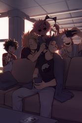 Rule 34 | 10s, 1girl, 4boys, :d, absurdres, animal ears, arm up, ashido mina, backlighting, bags under eyes, bare arms, black hair, black sclera, blonde hair, boku no hero academia, cat boy, cat ears, cellphone, closed mouth, collarbone, colored sclera, colored skin, couch, cup, closed eyes, facepaint, fake animal ears, freckles, hair between eyes, hairband, hand up, headband, highres, holding, holding cup, holding marker, holding phone, horns, indoors, kaminari denki, keiid, kirishima eijirou, long sleeves, looking at another, male focus, marker, messy hair, midoriya izuku, multiple boys, on couch, open mouth, pants, parted lips, phone, pillow, pink hair, pink skin, prank, purple hair, red hair, sharp teeth, shinsou hitoshi, shirt, short hair, short sleeves, sitting, sleeping, smartphone, smile, spiked hair, stifled laugh, t-shirt, table, teeth, upper teeth only, v, wide-eyed, window, yellow eyes, yin yang