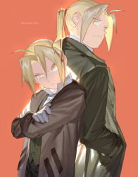 Rule 34 | 2boys, ahoge, blonde hair, closed mouth, coat, collared shirt, commentary, crossed arms, dual persona, edward elric, emmmerald, english commentary, frown, fullmetal alchemist, gloves, green coat, green vest, hands in pockets, long hair, looking at viewer, looking back, male focus, multiple boys, open clothes, open coat, orange background, parted bangs, ponytail, popped collar, shirt, simple background, twitter username, vest, white gloves, yellow eyes