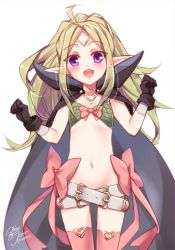 Rule 34 | 1girl, ahoge, belt, black gloves, blush, bow, cape, clenched hands, fire emblem, fire emblem awakening, gloves, heart, hlz, long hair, navel, nintendo, nowi (fire emblem), open mouth, pink thighhighs, pointing, pointing at viewer, pointy ears, ponytail, purple eyes, smile, solo, thighhighs, tiara