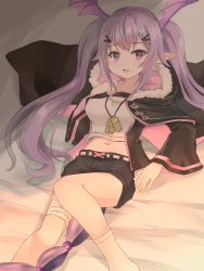 Rule 34 | 1girl, arknights, bandaged leg, bandages, belt, black cloak, black shorts, blush, breasts, buckle, chain, cloak, commentary request, crop top, fur-trimmed cloak, fur trim, gold, hair ornament, hairclip, head wings, highres, hood, hood down, hooded cloak, indoors, jewelry, long hair, manticore (arknights), medium breasts, midriff, navel, necklace, on bed, parted lips, pointy ears, purple eyes, purple hair, scorpion tail, short shorts, shorts, sidelocks, socks, solo, tail, tears, tififox, twintails, white socks, wings