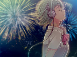 Rule 34 | 1girl, aerial fireworks, blouse, bow, bowtie, cable, closed eyes, collared shirt, eyelashes, fireworks, from side, green eyes, green hair, gumi, headphones, listening to music, matching hair/eyes, night, red bow, red bowtie, shirt, solo, uprightleftdownchuchuchu, vocaloid, white shirt