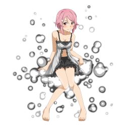 Rule 34 | 1girl, barefoot, black shorts, blush, breasts, cleavage, closed mouth, collarbone, freckles, full body, hair between eyes, hair ornament, hairclip, highres, invisible chair, layered shorts, lisbeth (sao), midriff, navel, official art, pink hair, red eyes, short hair, short shorts, shorts, sitting, sleeveless, smile, solo, stomach, swept bangs, sword art online, transparent background