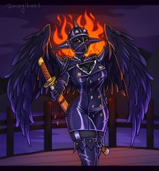 Rule 34 | 1girl, black eyes, breasts, female focus, fire, genderswap, genderswap (mtf), highres, katana, king (one piece), large breasts, mask, one piece, solo, sword, thick thighs, thighs, uniform, weapon, wings