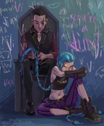 Rule 34 | 1boy, 1girl, arcane: league of legends, arcane jinx, arm tattoo, bare shoulders, black footwear, black pants, black vest, brown footwear, brown gloves, brown hair, brown shirt, chair, cloud tattoo, collared shirt, english text, father and daughter, fingerless gloves, gloves, green hair, highres, jinx (league of legends), kherl, knee up, league of legends, long hair, long sleeves, navel, pants, red shirt, shirt, shoes, short hair, silco (arcane), sitting, stomach, striped clothes, striped pants, tattoo, torn clothes, torn pants, vest