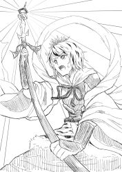 Rule 34 | 1girl, arm up, bishamonten&#039;s pagoda, bishamonten&#039;s spear, cowboy shot, detached sleeves, fur trim, greyscale, holding, holding polearm, holding spear, holding weapon, monochrome, nathaniel pennel, polearm, sharp teeth, shawl, short hair, solo, spear, sweat, teeth, toramaru shou, touhou, two-handed, weapon, wide sleeves