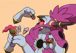Rule 34 | aoi (comical highway), colored sclera, creatures (company), earrings, eating, food, full body, game freak, gen 6 pokemon, happy, hoop earrings, hoopa, hoopa (confined), hoopa (unbound), jewelry, legendary pokemon, looking at another, multiple persona, mythical pokemon, nintendo, no humans, pokemon, pokemon (anime), pokemon (creature), pokemon the movie: hoopa and the clash of ages, pokemon xy (anime), smile, solo, yellow sclera