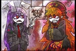 Rule 34 | 2girls, angry, animal ears, armband, blush stickers, chinese clothes, clenched teeth, coat, colored skin, cross, dress, flying sweatdrops, formal, hands in opposite sleeves, hat, inkblot test, junko (touhou), light purple hair, long hair, long sleeves, multiple girls, necktie, orange hair, own hands together, rabbit ears, red cross, red eyes, red necktie, reisen udongein inaba, sharp teeth, sleeves past wrists, squiggle, suenari (peace), suit, sweatdrop, tabard, teeth, touhou, very long hair, white skin