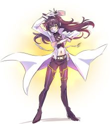 Rule 34 | 1girl, alternate costume, black footwear, black hair, black thighhighs, blake belladonna, blush, boots, bow, card, coat, commentary request, full body, hair bow, iesupa, navel, rwby, solo, thigh boots, thighhighs, trading card, white coat, yellow eyes
