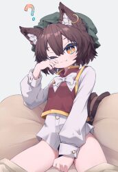 Rule 34 | 1girl, ?, animal ears, blush, brown hair, cat ears, cat tail, chen, closed mouth, earrings, green hat, hat, highres, jewelry, long sleeves, mob cap, mr.turtle head, multiple tails, no panties, one eye closed, orange eyes, red vest, shirt, short hair, single earring, slit pupils, solo, tail, touhou, two tails, vest, white shirt