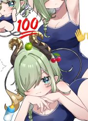 Rule 34 | 1girl, :3, alternate costume, apple, blue eyes, blue one-piece swimsuit, blush, breasts, cherry, chibi, cleavage, commentary request, demon girl, demon horns, demon tail, diamond mouth, emoji, eyepatch, food, fruit, green hair, grey background, hair between eyes, hair over one eye, hands on own chin, highres, horns, large breasts, long bangs, looking at viewer, multiple views, nanashi inc., one-piece swimsuit, open mouth, pointy ears, sekishiro mico, short hair, simple background, smile, swimsuit, tail, tamotsu (mary), virtual youtuber