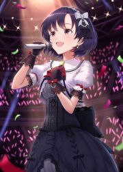 Rule 34 | 1girl, black corset, black gloves, black hair, black ribbon, blush, breasts, brown eyes, confetti, corset, earrings, gem, gloves, glowstick, hair ribbon, hairband, hands up, highres, holding, holding microphone, idolmaster, idolmaster cinderella girls, idolmaster cinderella girls starlight stage, indoors, jewelry, looking at another, maitake (maitake1234), medium breasts, microphone, neckerchief, open mouth, pearl (gemstone), puffy short sleeves, puffy sleeves, red neckerchief, ribbon, shiragiku hotaru, short hair, short sleeves, smile, solo, spotlight, stage, stage lights, two-tone dress, white hairband, white ribbon