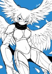 Rule 34 | 1girl, armor, artist request, belt, blue background, claws, digimon, harpy, head wings, looking at viewer, mask, monster girl, navel, revealing clothes, scarf, shutumon, simple background, solo, thong, wide hips, wings