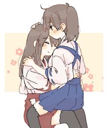 Rule 34 | 2girls, akagi (kancolle), black legwear, blue hakama, blush, brown eyes, brown hair, closed mouth, commentary, closed eyes, floral print, hakama, hand on another&#039;s head, hand on another&#039;s shoulder, hands on another&#039;s hips, ina (1813576), japanese clothes, kaga (kancolle), kantai collection, kimono, long hair, multiple girls, ponytail, red hakama, sitting, sitting on person, straight hair, symbol-only commentary, thighhighs, white kimono, yuri