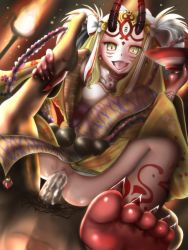 Rule 34 | 1boy, 1girl, blonde hair, censored, cum, cum in pussy, fate/grand order, fate (series), feet, femdom, fingernails, fire, foot focus, grabbing, hetero, horns, ibaraki douji (fate), japanese clothes, kimono, looking at viewer, male pubic hair, monster girl, no panties, oni, penis, pov, pubic hair, pussy, rape, sex, sharp fingernails, sharp toenails, solo focus, tattoo, toenails, tongue, tongue out, vaginal, yellow eyes