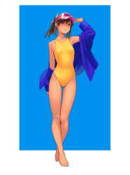 Rule 34 | 1girl, aged up, alternate costume, bare legs, barefoot, blue background, blue jacket, brown eyes, brown hair, collarbone, commentary request, competition swimsuit, full body, hair between eyes, hair ornament, hairclip, highres, i-401 (kancolle), jacket, kantai collection, long sleeves, one-piece swimsuit, ponytail, short hair, solo, standing, swimsuit, swimsuit under clothes, tan, visor cap, yellow one-piece swimsuit, yuuji (and)