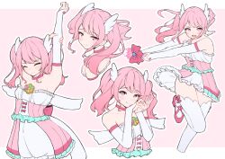 Rule 34 | 1girl, armpits, arms up, bang dream!, choker, dress, elbow gloves, frilled dress, frills, gloves, magical girl, maruyama aya, medium hair, mnemo (mnemorikriyairo), multiple views, open mouth, own hands together, pink eyes, pink hair, poses, simple background, smile, strapless, strapless dress, stretching, twintails, wing hair ornament
