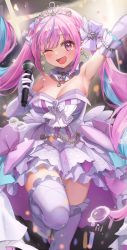 Rule 34 | 1girl, ;d, absurdres, arm up, armpits, bad id, bad pixiv id, blue hair, blurry, blurry background, blush, bow, breasts, chirang, cleavage, collarbone, depth of field, detached collar, dress, earrings, elbow gloves, gloves, hair bow, happy tears, highres, holding, holding microphone, hololive, jewelry, large breasts, layered dress, leg up, lens flare, long hair, looking at viewer, microphone, minato aqua, minato aqua (aqua iro super dream), multicolored hair, one eye closed, open mouth, purple bow, purple dress, purple gloves, purple hair, purple thighhighs, smile, solo, standing, standing on one leg, strapless, strapless dress, tears, thighhighs, tiara, two-tone hair, very long hair, virtual youtuber