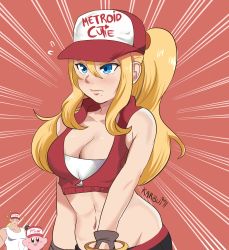 Rule 34 | 1girl, absurdres, baseball cap, blonde hair, blue eyes, blush, bomber jacket, breasts, cleavage, cosplay, crossover, denim, fatal fury, fingerless gloves, gloves, hair down, hat, high ponytail, highres, jacket, jeans, karbuitt, kirby, kirby (series), large breasts, long hair, look-alike, meme, metroid, mole, mole under mouth, nintendo, open mouth, pants, ponytail, samus aran, signature, smile, snk, super smash bros., tank top, terry bogard, terry bogard (cosplay), the king of fighters