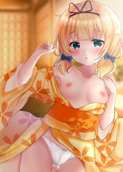 Rule 34 | 1girl, :o, aqua eyes, blonde hair, blue bow, blunt bangs, blurry, blurry background, blush, bow, bow panties, breasts, cleft of venus, commentary request, day, depth of field, embarrassed, floral print, gochuumon wa usagi desu ka?, hair bow, hairband, indoors, japanese clothes, kimono, kirima syaro, looking at viewer, nipples, obi, off shoulder, open clothes, open kimono, panties, print kimono, rikatan, sash, short hair, small breasts, solo, underwear, wavy hair, white panties, wide sleeves, yukata