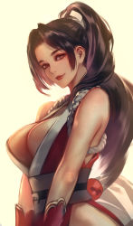 Rule 34 | 1girl, absurdres, bare shoulders, black hair, blush, breasts, brown eyes, cleavage, closed mouth, fatal fury, high ponytail, highres, japanese clothes, kaburagi yasutaka, kimono, large breasts, long hair, looking at viewer, no bra, obi, red kimono, red lips, sash, shiranui mai, simple background, sleeveless, sleeveless kimono, smile, snk, solo, the king of fighters, upper body, very long hair, white background