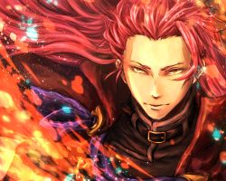 Rule 34 | 10s, 1boy, amatori biba, belt collar, closed mouth, collar, commentary request, koutetsujou no kabaneri, light particles, long hair, looking at viewer, male focus, red hair, tanno, upper body, yellow eyes