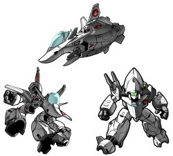 Rule 34 | aircraft, airplane, chibi, clenched hand, commentary, english commentary, fighter jet, gerwalk, highres, jeff sorley, jet, macross, macross m3, mecha, military, military vehicle, no humans, open hand, robot, science fiction, variable fighter, vf-9, visor, white background