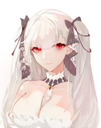 Rule 34 | 1girl, absurdres, azur lane, bare shoulders, black ribbon, breasts, cleavage, detached collar, formidable (azur lane), grey hair, hair ribbon, highres, large breasts, long hair, red eyes, ribbon, simple background, solo, twintails, upper body, white background, yuuanchi